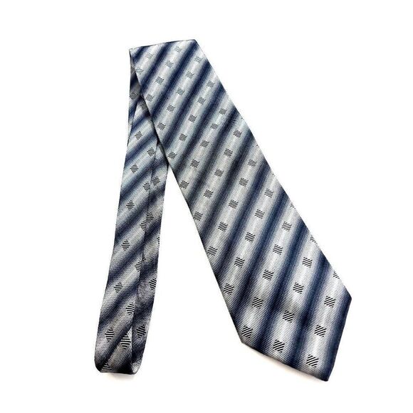 Pavone Italy Gray Silver Woven Geometric Striped Wide Silk Tie - Picture 6 of 6